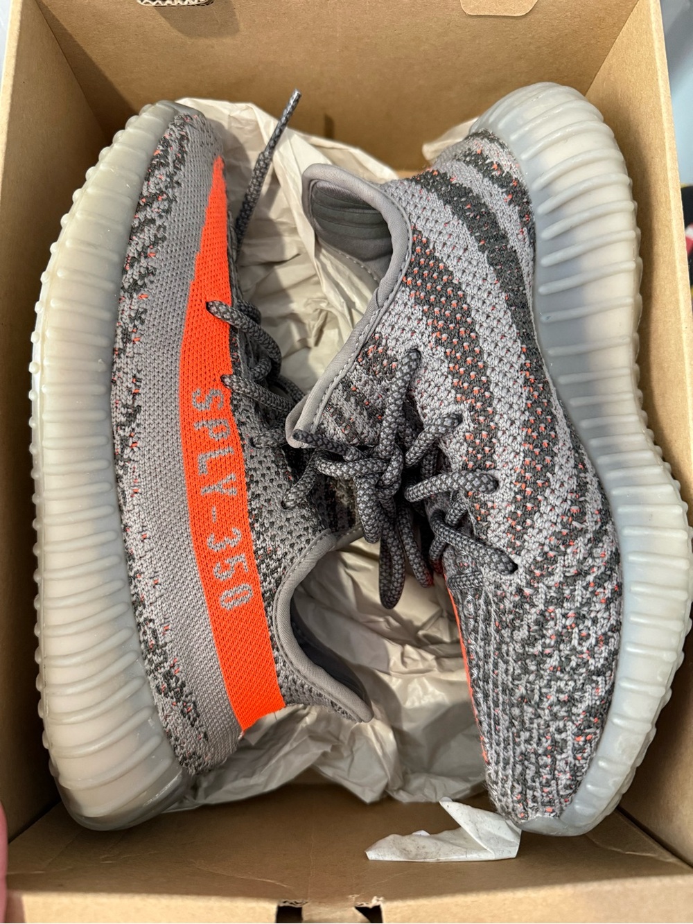 Yeezy Kids Grey Knit Sneakers with Orange Stripe